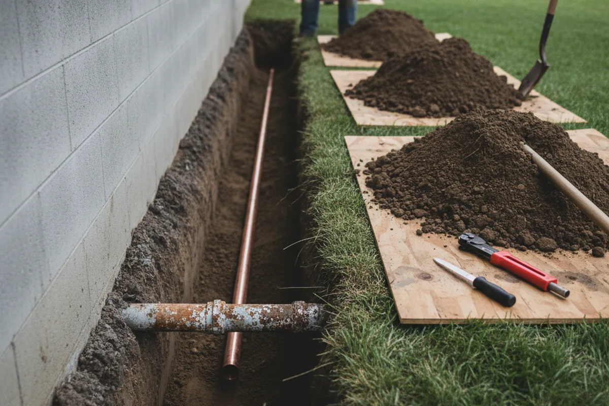 Excavated water line trench during Water Softener Installation in Salina